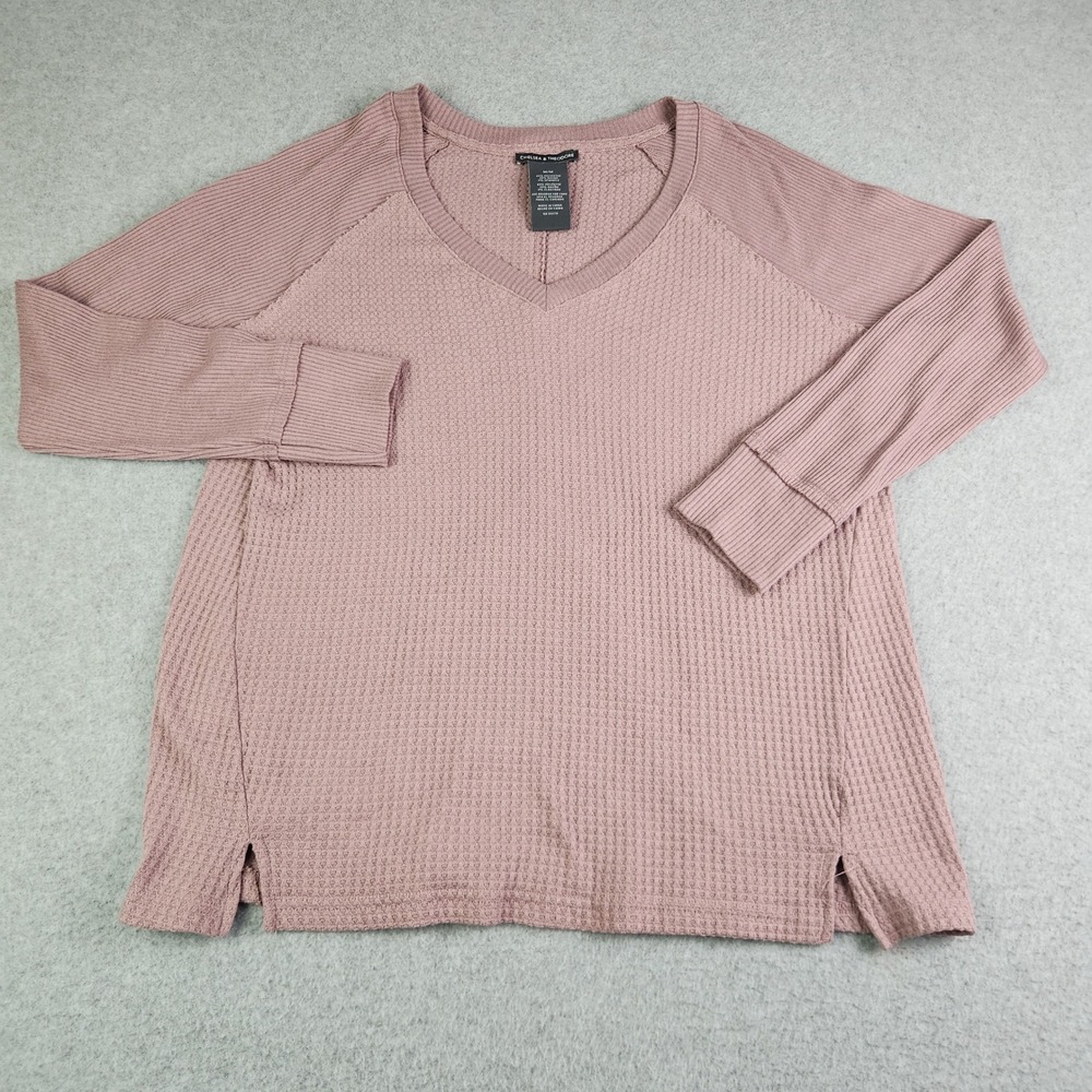 Chelsea & Theodore Sweater Womens Medium Mauve Waffle Knit Stretchy Soft V-Neck‎